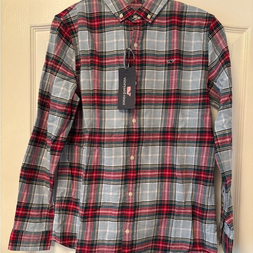 Vineyard Vines Kids Large Red and Gray Plaid Button Down Shirt